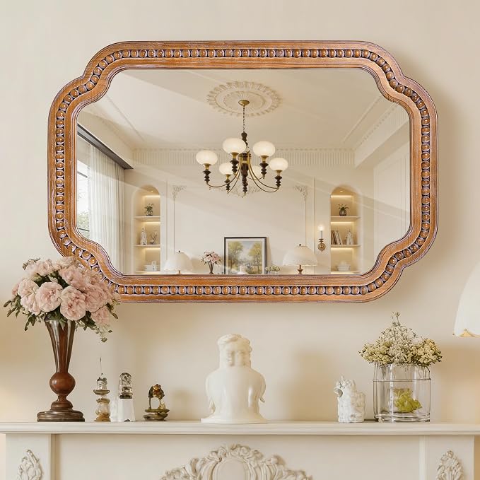 24x36 Inch Farmhouse Beaded Wall Mirror | Wood Scalloped Decorative Mirror, French Vintage Accent Mirror for Bathroom, Entryway & Glam Boho Decor