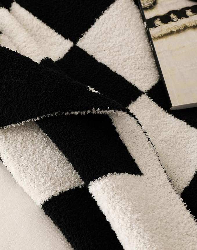 Ultra Soft Cozy Buffalo Checkerboard Grid Fluffy Microfiber Knitted Throw Blanket Lightweight Checkered Bed Blanket for Sofa Couch Bed Black 51"X63"
