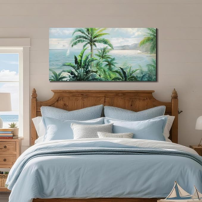 Anolyfi Palm Tree Green Tropical Canvas Wall Art for Living Room 48"x24" | Hand-painted Textured, HD Print, Waterproof Canvas, Easy to Hang, Durable and Colorfast, Suitable for Bedroom Home Decor