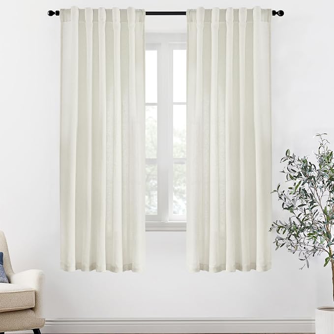 XTMYI 72 Inch Long Linen Curtains for Living Room,Sheer Semi Privacy Back Tab Hooks Pleated Light Filtering Sidelight French Door Curtain Drapes 72 Inch Length 2 Panels Set,Cream Ivory