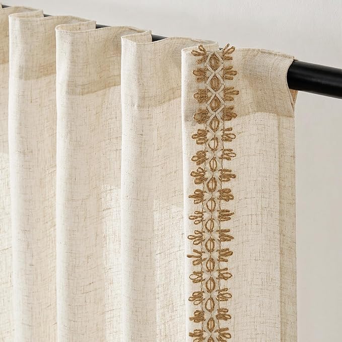 jinchan Beige Linen Curtains with Woven Trim Back Tab 50 x 84 Inch 2 Panels | Semi sheer light filtering, modern farmhouse curtains for living room and bedroom, back tab rod pocket, machine washable