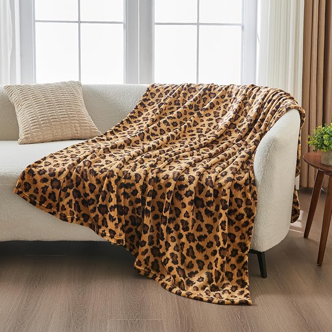 PLEASANT BOULEVARD | Leopard Throw Blanket Fleece, Premium Lightweight Cozy Warm Plush Microfiber Blanket for Couch Sofa and Bed (Dark Brown, Throw (50 x 60 inches))