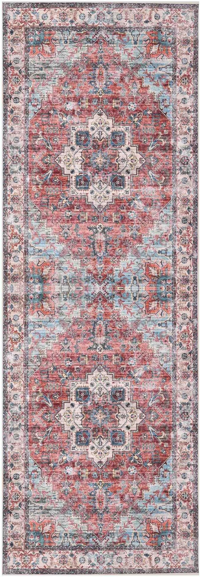 Machine Washable Area Rug, Soft & Durable, Non-Slip, Stain Resistant Rug for Bedroom, Living Room, Dining Room, High Traffic Areas. (Red/Sky Blue, 2.5' X 7')