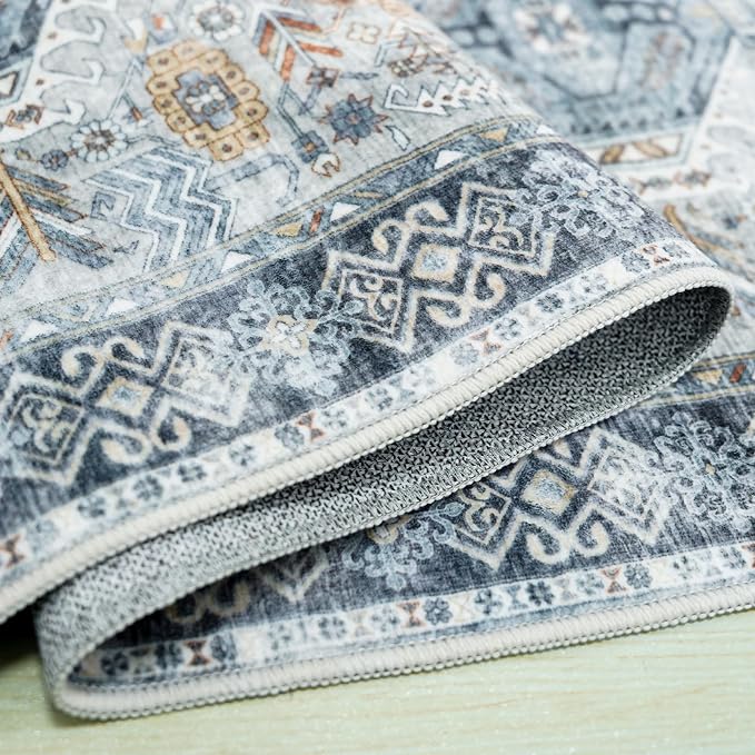RUUGME Washable Runner Rug 2.6'x12' - Vintage Kitchen Area Rug Stain Resistant Rugs for Living Room Bedroom Laundry Room Mat Distressed Rug Hallway Floor Carpet Runner for Bathroom(Grey/Blue)