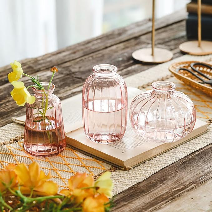 Glass Bud Vases Set of 3,Small Pink Flower Vases for Wedding Centerpiece Table Decorations,Vintage Mini Vase,Flower Arrangements in Vases for Party or Home Decor (Pink)