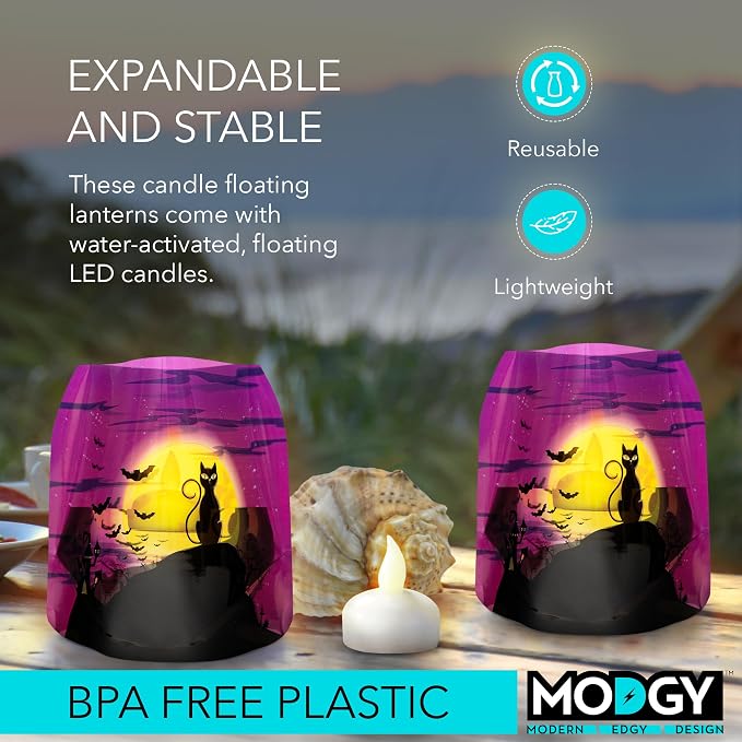 MODGY Luminary Lanterns, Halloween Candle Holders with Flameless Floating LED Candles, Indoor Outdoor Decor for Parties, Home, Windows, and Mantels, Table Centerpiece, 4-Pack, Salem