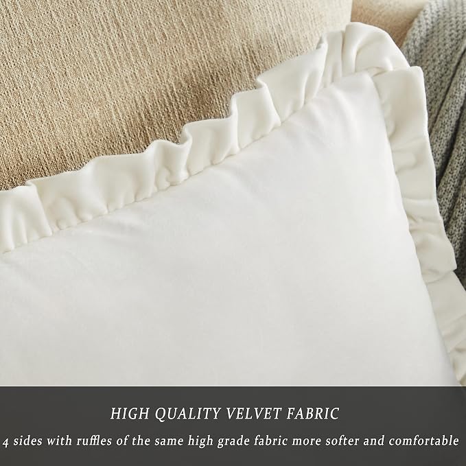 GIGIZAZA Velvet Cream 22x22 Pillow Covers, Set of 2 Decorative Ruffle Ivory Cushoin Pillow Covers for Sofa Couch