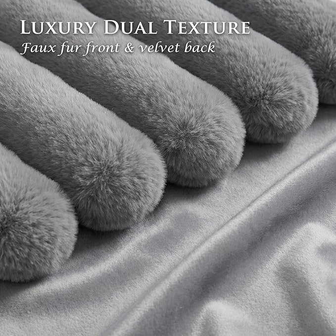 Pack of 2 Throw Pillow Covers 20x20 Decorative Solid Plush Faux Fur with Soft Velvet Back, Square Striped Cushion Cases Modern Farmhouse Home Decor for Living Room Couch Sofa Bed Dark Gray