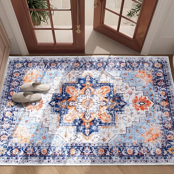 Blue 3x5 Entryway Rug, Non Slip Indoor 3x5 Washable Rug | Soft faux wool, machine washable & stain resistant. Non-slip rubber backing, low pile. For entryway, kitchen, hallway.