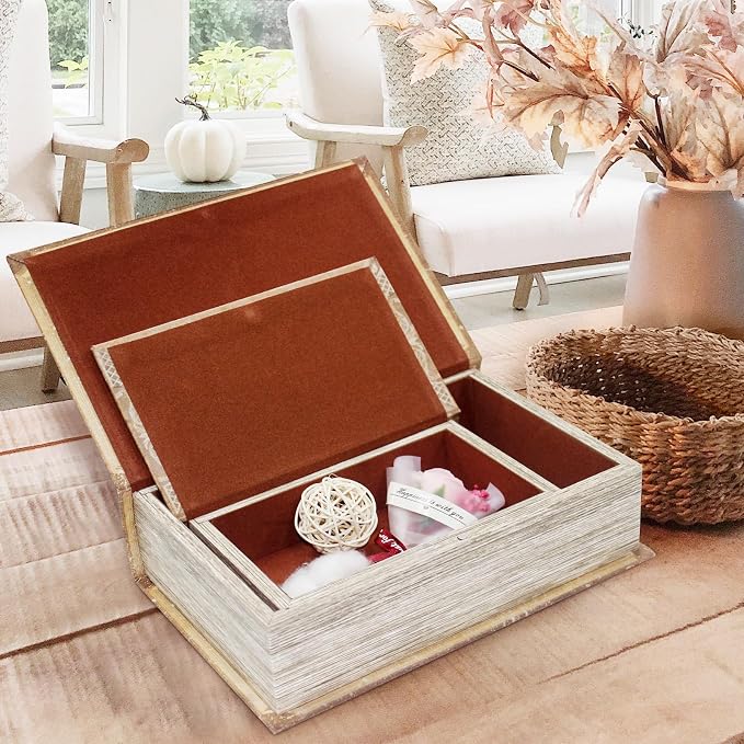 Decorative Book Boxes Set of 2 Magnetic Lock Faux Wooden Storage Book Box