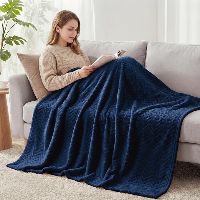 Exclusivo Mezcla Large Fleece Throw Blanket for Couch, Sofa, Navy Blue | 50"x70" Soft Breathable Lightweight Flannel Throws for Summer, Plush Cozy Jacquard Wave Blanket for Home Decor