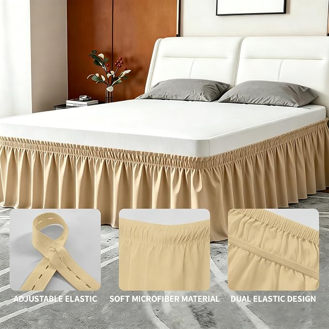 ANARACHON King Bed Skirt, Elastic Wrap Around Bed Skirt King Size, Bed Skirts for Adjustable Bed, Easy Fit with 14" Drop Length Tailored Drop Dust Ruffle (Gold)