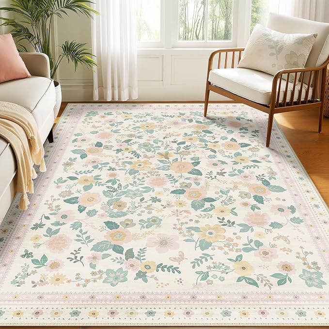 Washable Floral Area Rug for Living Room 6x9 Light Beige | Non-Slip，Vacuum-Friendly, Low Pile, Flower Carpet for Bedroom Kitchen Entryway Dining Room Office Nursery