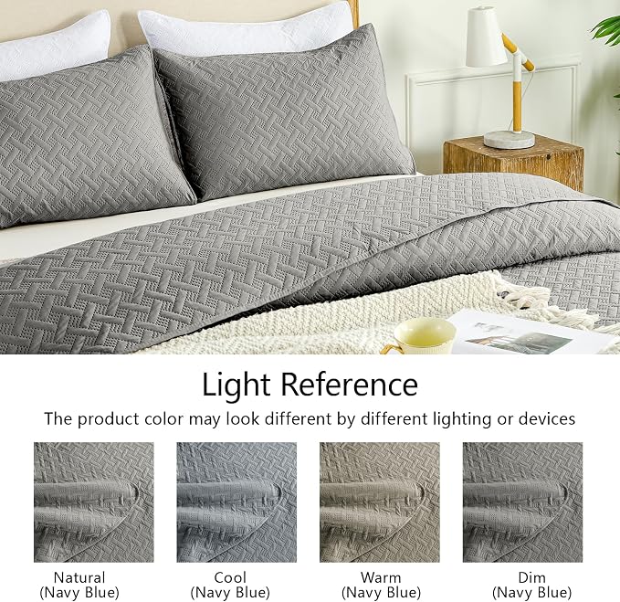 FLYMME Dark Grey Twin Quilt Bedding Set Thin Lightweight Bedspreads,Modern Style Geometric Weave Stripe Pattern,Soft Microfiber Bed Coverlet for All Season (1 Quilt, 1 Sham)