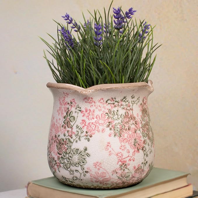 Ceramic Pots for Plants, Pink Colorful Vintage Plant Pot with Drainage Hole | 6.11 Inch Crackle Glaze Planter for Indoor/Outdoor Plants, English Cottage Shabby Chic Home Decor, Pastel Meadow