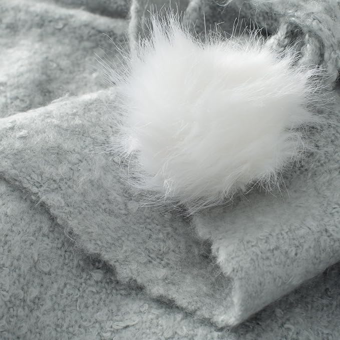 Grey Pom Pom Throw Blanket for Couch, 50"X60" Soft Lightweight Knitted Farmhouse Decorative Blankets for Bed and Sofa