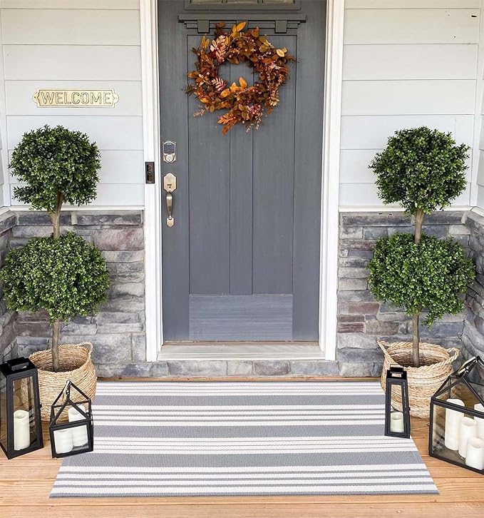 Grey and White Outdoor Rug 24"x51"Cotton Washable Striped Front Porch Rug | Hand-Woven Door Mat Outdoor For Entryway Combined With Hello Welcome Mat