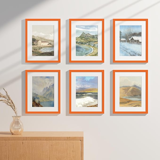 Vittanly 11x14 Picture Frames Set of 9 for Wall Mounting, Orange | Display Pictures 8x10 with Mat or 11x14 without Mat, Engineered Wood with Shatter Resistant Plexiglass, Gallery Photo Frames