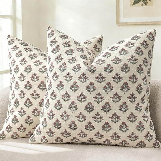 YCOLL Farmhouse Floral Pillow Covers 22x22 Set of 2, Rustic Country Decorative Cushion Covers Vintage Throw Pillow Covers for Sofa Couch Bed Living Room Home Decor, Withered Rose