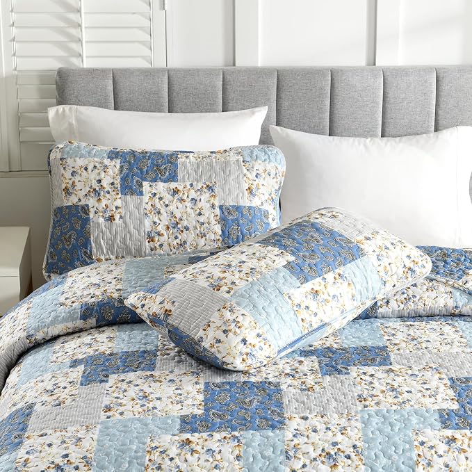 Mybedsoul Boho Quilt King Size, Patchwork Floral Bedding Set, Light Blue | Soft Lightweight Microfiber Coverlet Set, 3 Pieces Plaid Reversible Bedspread, Bed Sets for All Seasons 90"x110"