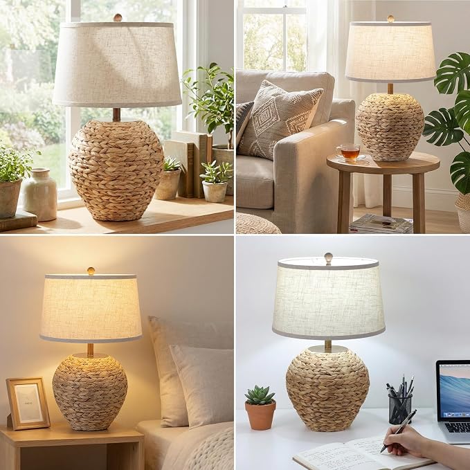 TOBUSA 25’’ Rattan Table Lamp for Living Room, Coastal Boho Wicker Lamp with 3 Color Temperatures, Farmhouse Rustic Seagrass Woven Basket Lamp for Bedroom Nightstand End Table Cottage, Bulb Included