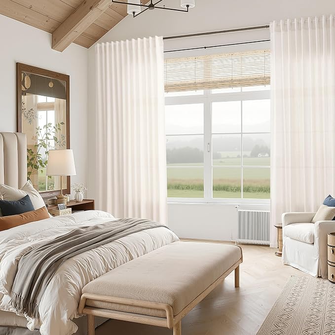 Ivory White Linen Back Tab Curtains 84 Inch Length for Bedroom/Living Room 2 Panel Set Neutral Modern Farmhouse Window Privacy Semi Sheer Linen Drapes Rustic Pinch Curtain Ivory 52X84