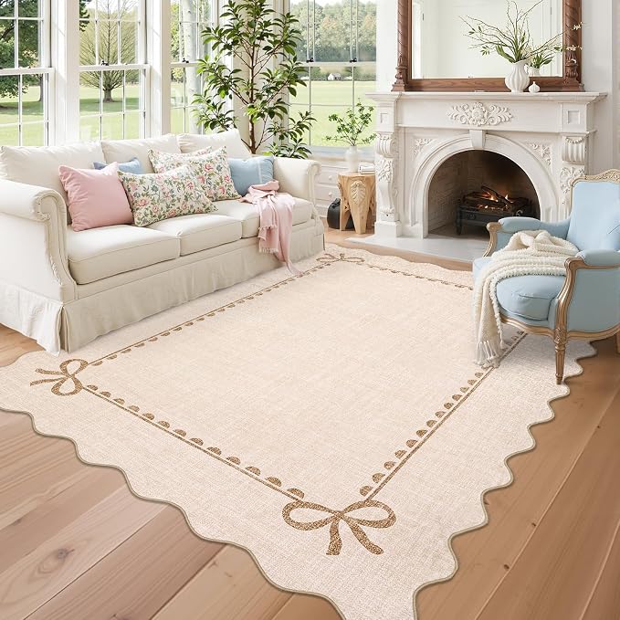 COZYLOOM Area Rugs 9x12 Large Living Room Rug with Rubber Backing, Stain Resistant Scalloped Bow Rug Non Shedding Low Pile Bordered Farmhouse Carpet for Bedroom, Nursery, Dining Room, Beige