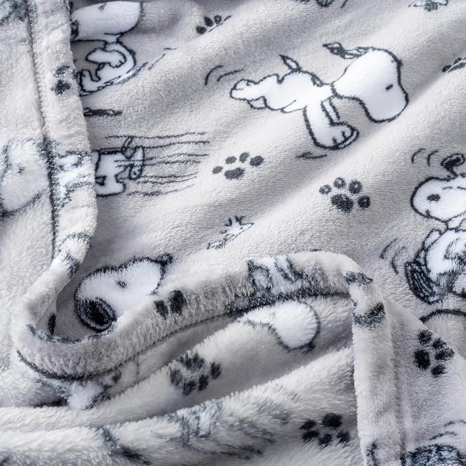 Berkshire Blanket Peanuts® VelvetLoft® Cute Character Snoopy Plush Throw Blanket,Peanuts Poses and Paws Grey,Throw 55 in x 70 in (Official Peanuts® Product)