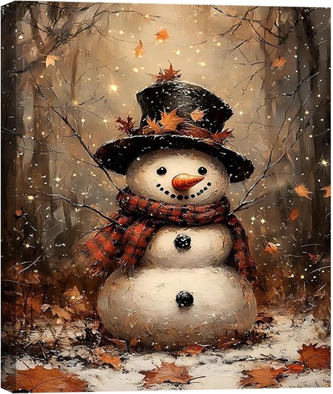 Vintag Snowman in Forest Christmas Canvas Print 24x36, Fall Wall Art, Rustic Winter Holiday Paintings, Christmas Art for Living Room Christmas Poster & Prints for Home Decorations