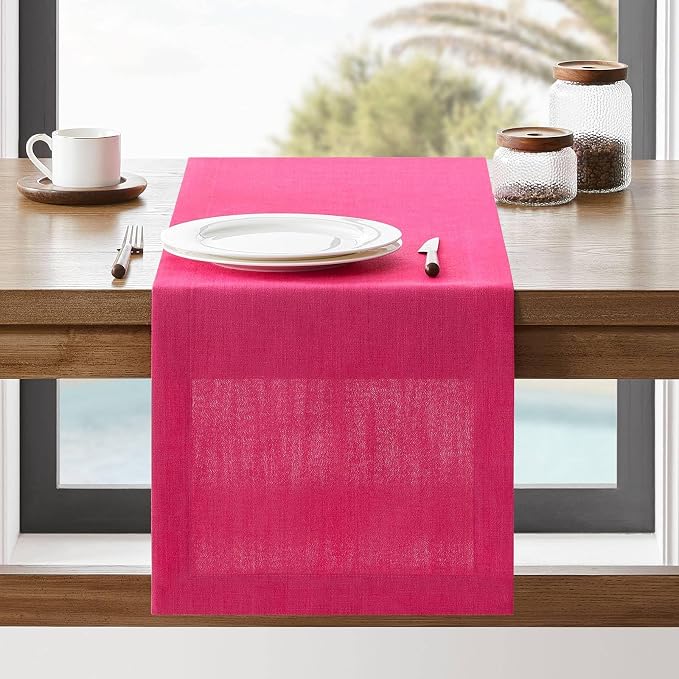 ZeeMart Linen Textured Border Table Runner, 14 x 90 Inch Hot Pink | Mitered Corner Design, Medium Weight Fabric, Modern Farmhouse Style, Machine Washable Easy Care Everyday Table Scarf