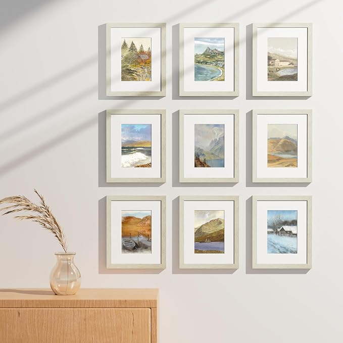 Vittanly 8x10 Picture Frames Set of 9 for Wall Mount & Tabletop, Whitemist | Display Pictures 5x7 with Mat or 8x10 without Mat, Small Photo Frames, Engineered Wood with Shatter Resistant Plexiglass