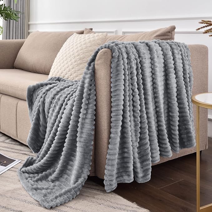 BEDELITE 3D Ribbed Jacquard Grey Fleece Twin Blanket for Bed, 60x80 Inch | Soft Warm Decorative Fluffy Blanket, Cozy Plush Lightweight Fuzzy Throw Blanket for Couch Sofa Room Decor, Gift for Women