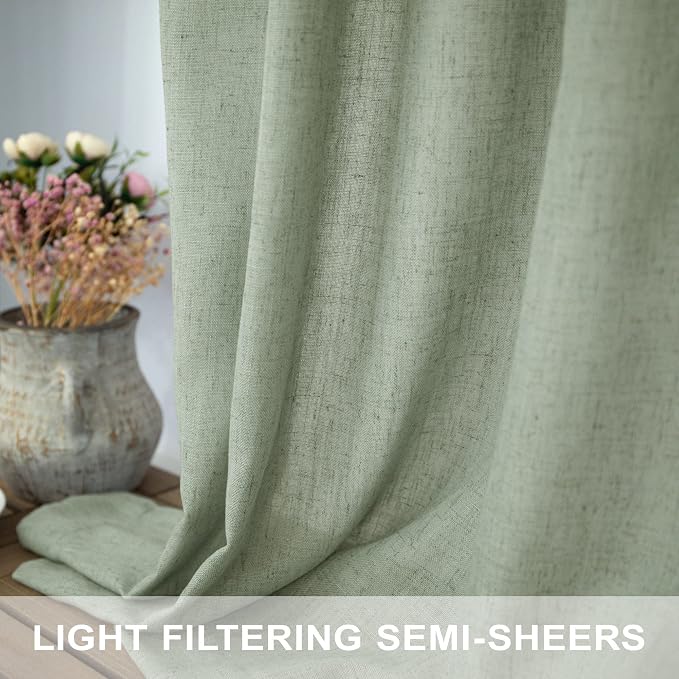Sage Green Curtains 72 Inch Length for Bedroom 2 Panel Set Rod Pocket Back Tab Drapes Semi Sheer Light Reducing Linen Blend Woven Light Green Curtain for Living Room Dividing Closet Laundry 52X72 Long