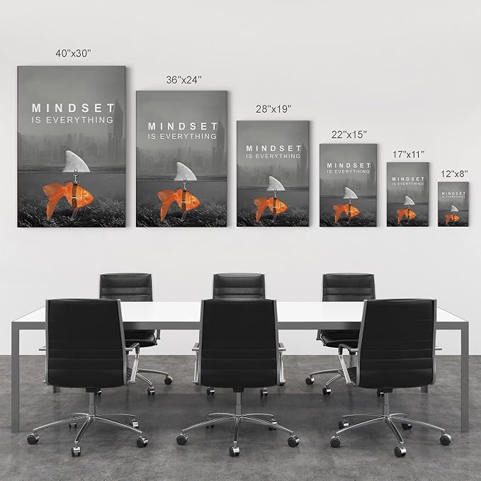 Smile Art Design Mindset is Everything Wall Art Canvas Print Black and White Goldfish Shark Entrepreneur Inspirational Motivational Quote Living Room Office Decor Ready to Hang 17x11