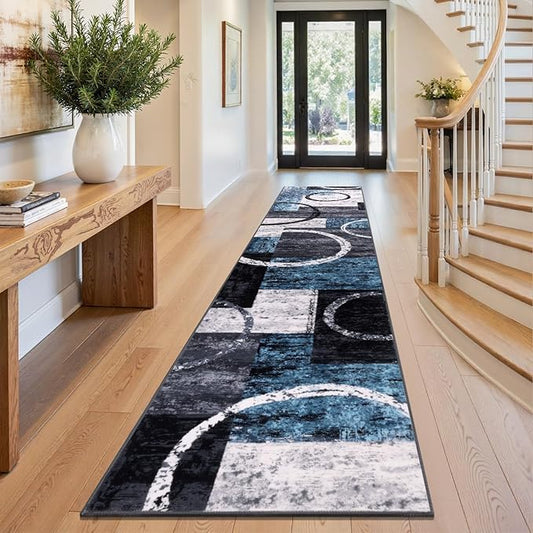 Yamaziot 2x10 Washable Modern Abstract Runner Rug Non-Slip for Hallways | Stain Resistant Kitchen Rug with Rubber Backing, Low Pile, Ultra Soft Carpet Runner for Bedroom, Laundry, Entryway, Blue