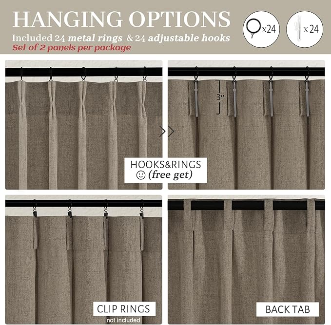 Custom 60 Inch Wide Pleated Natural Linen Curtains 92 Inches Long for Office, Memory Shape Dark Flax Semi Sheer Light Filtering Drapes Classroom 90-92 Inch Length Country Windows Curtain 2 Panels Set