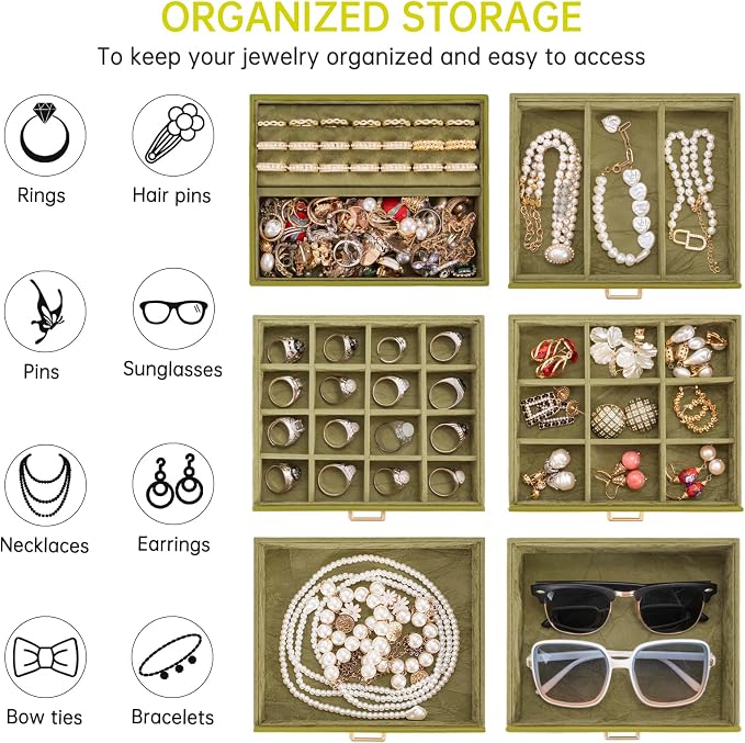 AKOZLIN 6-Tier Jewelry Box Organizer Functional 5 Drawers Leather Jewelry Storage Case for Women Girls Ring Necklace Earring Bracelet Holder Organizer with Mirror Medium Green