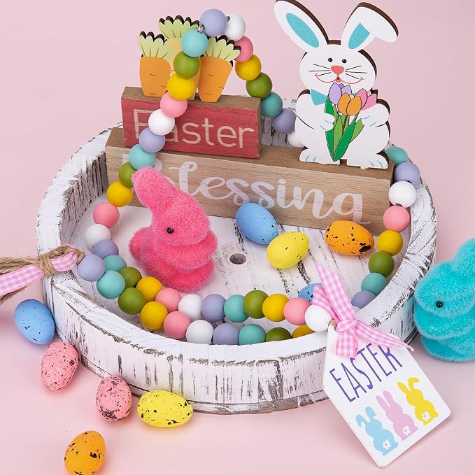 Easter Wood Bead Garland, 38.6" Spring Wood Beads Garland with Tassel, Wooden Beaded Easter Boho Decor Farmhouse Rustic Hanging Decorations for Home Room Wall Tiered Tray Shelf, Easter Bunny