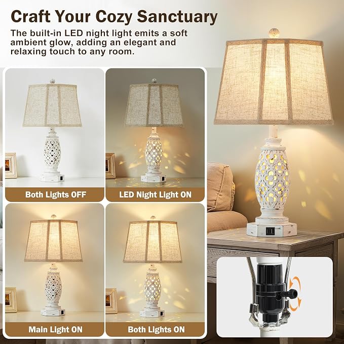 Lamps for Night Stands Set of 2-23.5" Bedside Lamp with USB A+C and Nightlight - Rustic Farmhouse Table Lamp for Bedrooms, End Tables, Living Room - French Country Decor, Bulbs Included, Cream