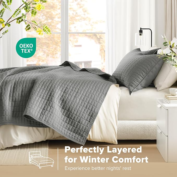 Comfort Spaces Kienna Queen Quilt Bedding Set 3 Piece, 90"x90" Charcoal | Soft Cozy Lightweight Summer Coverlet Full Size, Quilted Bedspreads Extra Layer, Modern Casual Bedroom Decor, OEKO-TEX