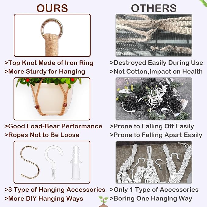 4 Pack Macrame Plant Hangers Indoor Set Large Crochet Hanging Holder, Brown