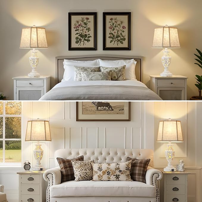 EJIAXIN Lamps for Night Stands Set of 2-23.5" Boho Bedside Lamp with USB A+C and Nightlight - Cream Rustic Carved Resin Farmhouse Table Lamp for Bedrooms, End Tables, Living Room, Bulbs Included