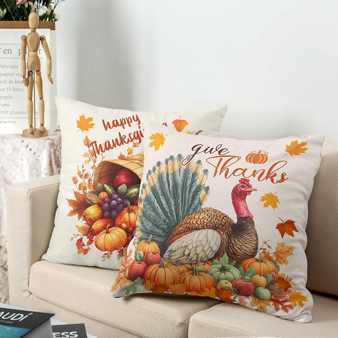 Set of 2 Thanksgiving Throw Pillow Covers 24x24 Turkey with Autumn Pumpkin Pillow Covers Fall Harvest Pillow Case Square Cushion Case for Living Room Couch