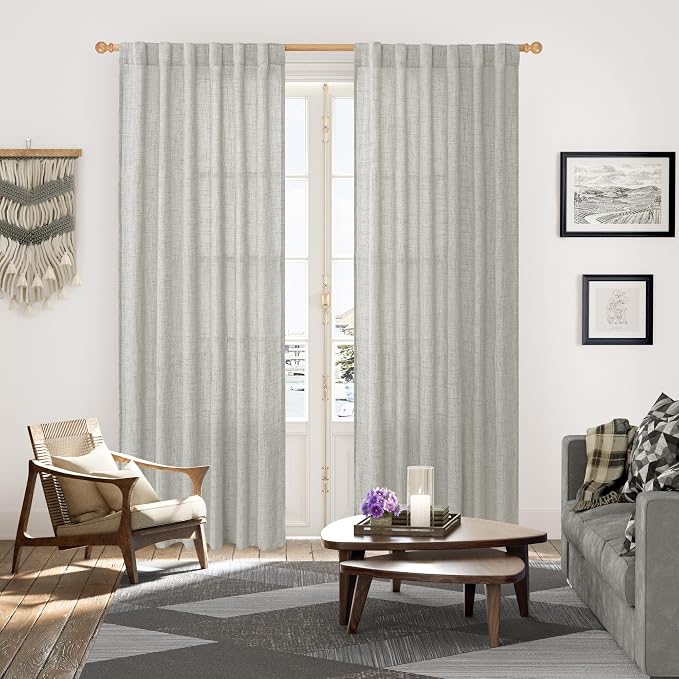 Light Grey Linen Semi Sheer Curtains 80 Inch Length for Living Room | Light Filtering Drapes Textured with Rod Pocket Back Tab for Office Bedroom Dining Window, 2 Panels, 52 X 80 Inch