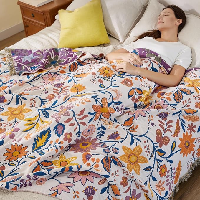 100% Cotton Boho Throw Blanket for Home Decor – Classic Farmhouse Quilt Bedding, Muslin Blankets for Adults, Vintage Woven Decorative Blanket for Couch, Bed Layering Use, Botanic Floral, 104"x90"