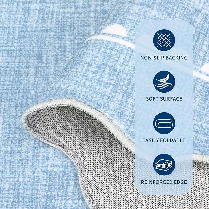 COZYLOOM Large Area Rug 9x12 Nursery Rugs Machine Washable Area Rugs for Living Room, Non Slip Stain Resistant Scalloped Bow Carpet, Non Shedding Low Pile Solid Mats for Bedroom, Dining Room, Blue