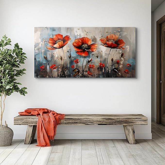 SERIMINO Large Modern Floral Wall Decor, Red Wildflower Artwork 29"X57" | Extra Large Botanical Wall Art, Wildflower Canvas Painting, Living Room Dining Room, Gallery Wrapped, Fade-resistant Inks