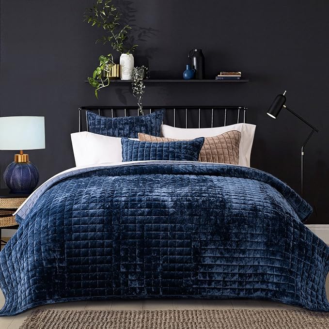 RECYCO Channel Box Stitch Velvet Quilt Set, King Size, Navy Blue | Ultra Soft Lightweight Velvet Comforter, Luxury Oversized Bedspread Coverlet, Quilted Bedding Set for All Season with 2 Shams