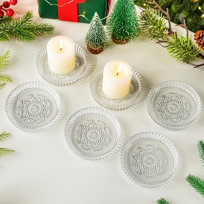 Set of 6 Pillar Candle Holders, 3.5 Inch Glass Candle Plates