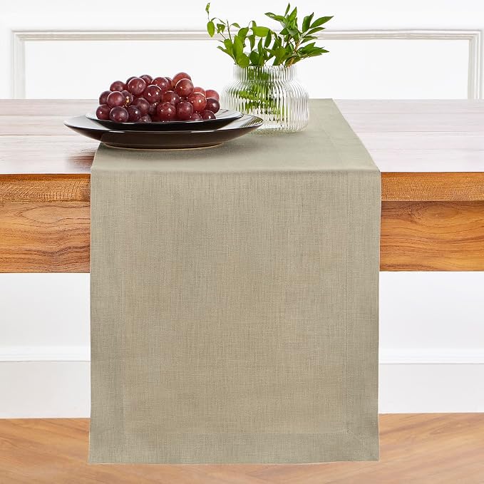 Solino Home 100% Pure Linen Dining Table Runner Khaki, Fete 14 x 90 in Long | Table Runners for dining, console and side tables, neatly mitered corners, artisan crafted, Vintage Khaki, OEKO-TEX Certified